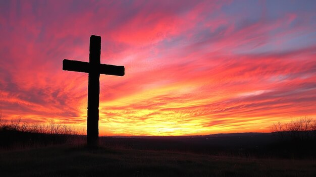 Photo a cross silhouetted against a sunset sky