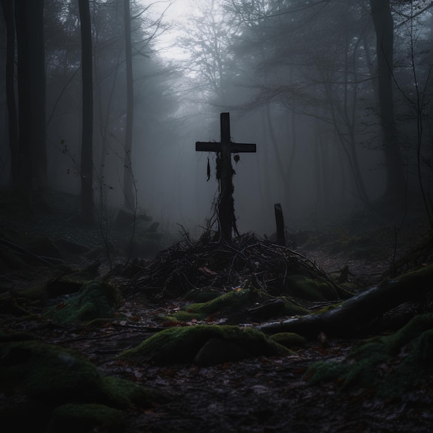 a cross sits in the middle of a foggy forest