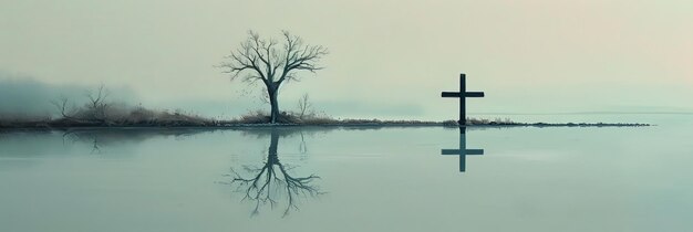 Photo cross and solitary tree by a reflective lake