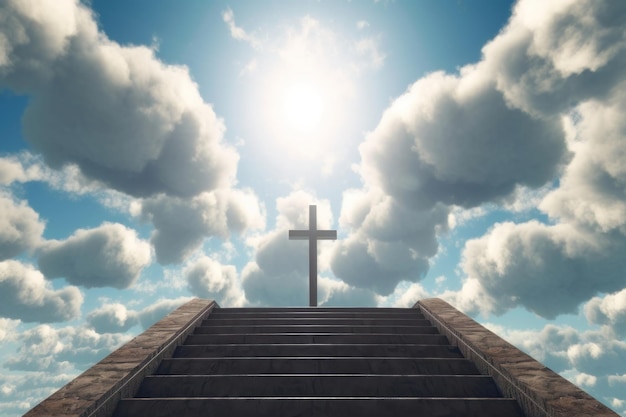 A cross on a staircase is seen in front of a cloudy sky.