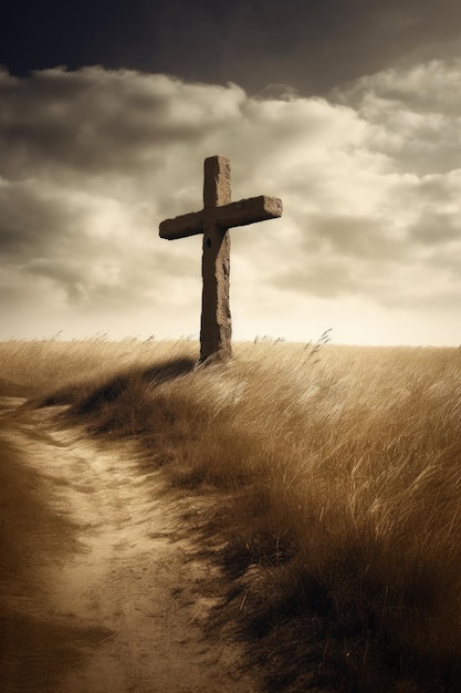 A cross stands in a field with the sky in the background.