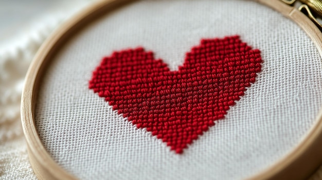 Photo cross stitch in shape of heart with red thread