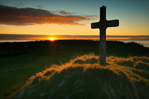 Cross on the top of a hill at sunset Generative AI