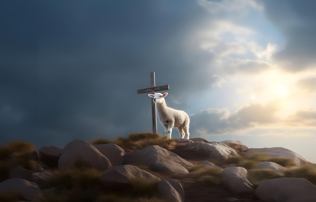 A cross on top of the mountain at sunset Easter resurrection lamb near cross