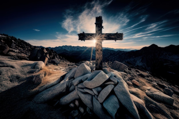 A cross on top of a mountain with the sun shining on it.