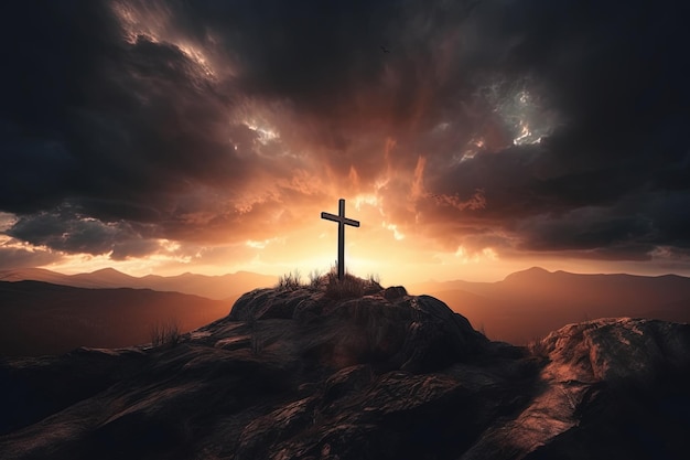 Cross on the top of the mountain with sunset background