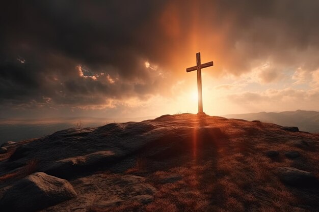 Cross on the top of the mountain with sunset background