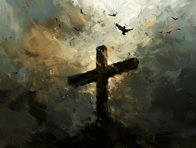 a cross with birds flying in the sky