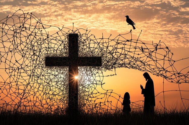 Photo a cross with a person and a child standing in front of a cross with a silhouette of a person and a bird on it