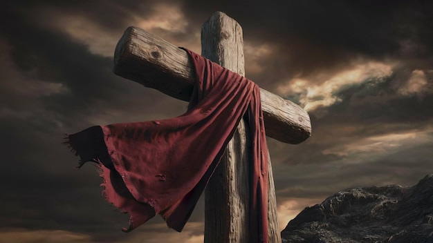 a cross with a red cloth draped over it