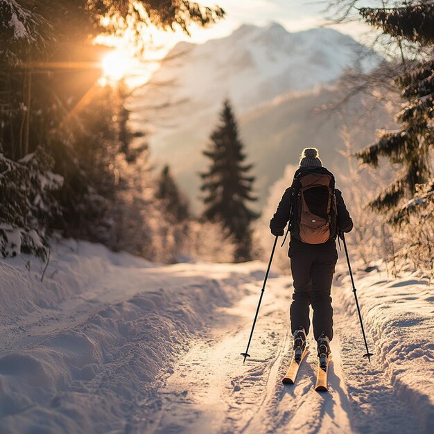 A crosscountry skier with skis poles and a backpack on a trail