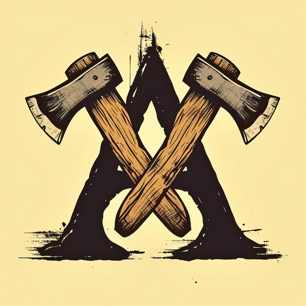 Photo crossed axes forming alphabet letter a vintage style illustration on yellow background