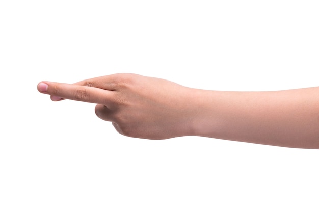 Crossed fingers gesture on the hand Isolated on white wall closeup