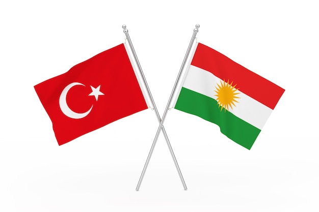 Crossed Turkey and Kurdistan Flags on a white background. 3d Rendering