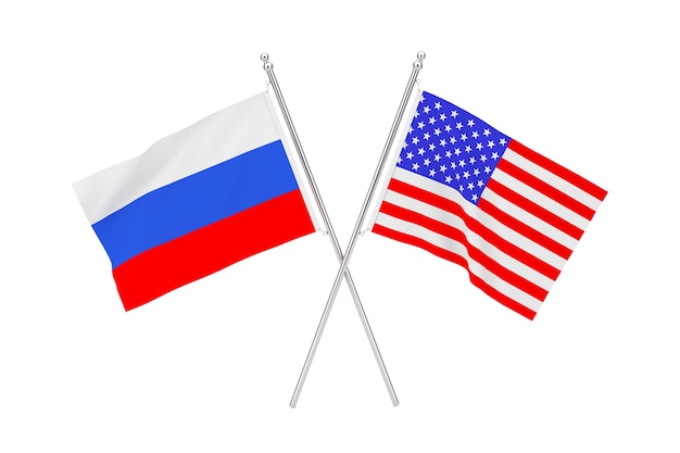 Crossed USA and Russia Flags on a white background. 3d Rendering