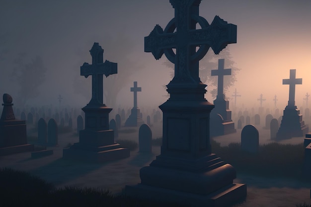 Crosses from a Catholic cemetery are silhouetted in the fog at dawn as a background for your content