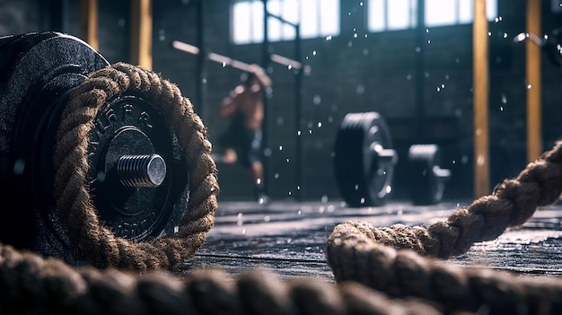 CrossFit Box with Heavy Ropes A Scene from a CrossFit Session Featuring Heavy Ropes