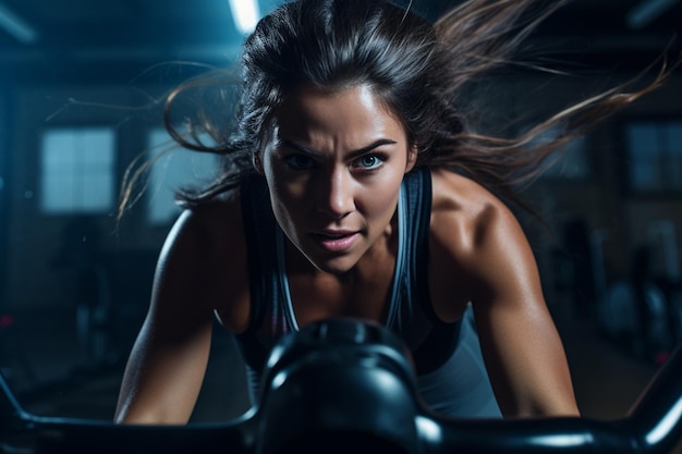 Crossfit woman doing intense cardio training on exercise air bike