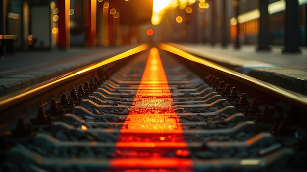 Crossing the red line concept with close up rails and ties at sunrise dawn or at sunset