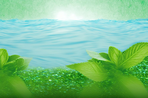 Crossing water waves and ripples against a background of green mint product background hydration concept