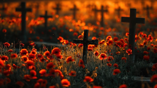 Photo crossmarked soldiers graves lie in a blooming poppy field for remembrance day