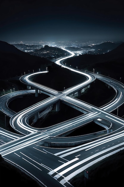 A crossroad junction with one road bathed in light and the other one covered in darkness