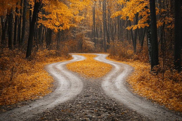 Photo crossroads fork in the road yellow and orange autumn path which way to walk symbolic choice of