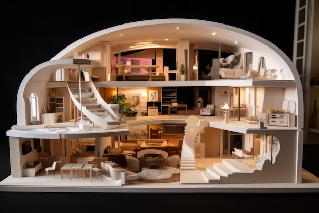 Crosssection of a d printed house showing interior design created with generative ai