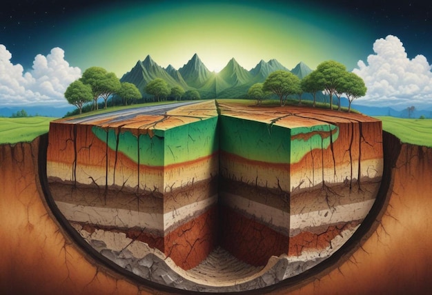 Photo crosssection of earth with detailed layers trees and mountains in a vibrant natural landscape