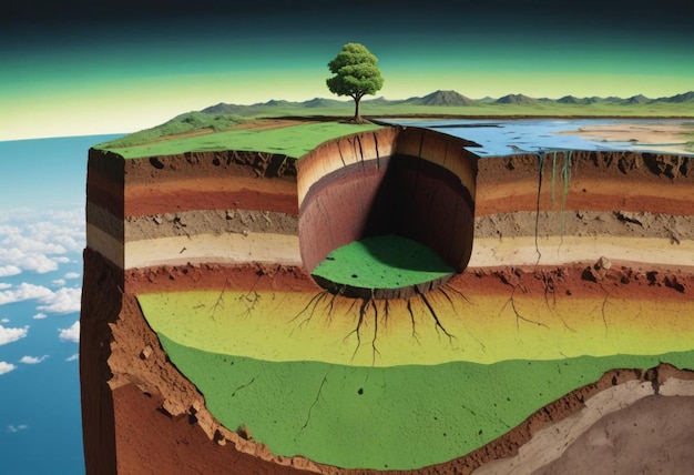 Photo crosssection of earth with detailed layers trees and mountains in a vibrant natural landscape