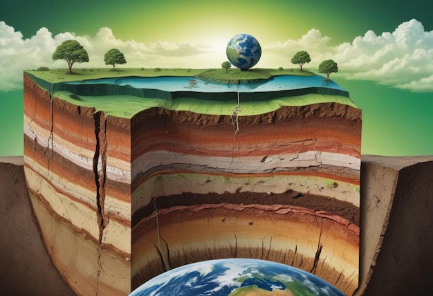 Photo crosssection of earth with detailed layers trees and mountains in a vibrant natural landscape