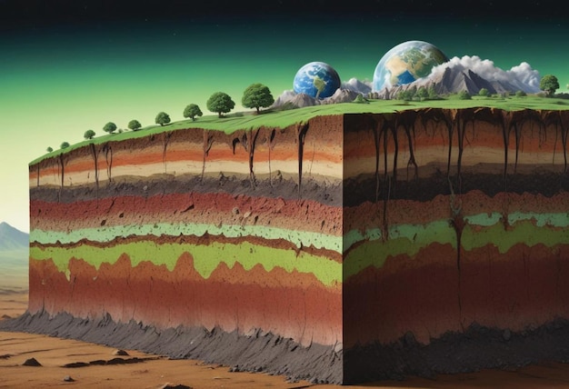 Photo crosssection of earth with detailed layers trees and mountains in a vibrant natural landscape