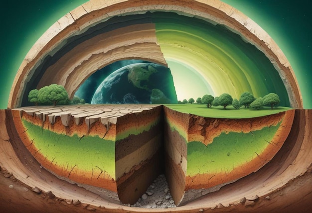 Photo crosssection of earth with detailed layers trees and mountains in a vibrant natural landscape