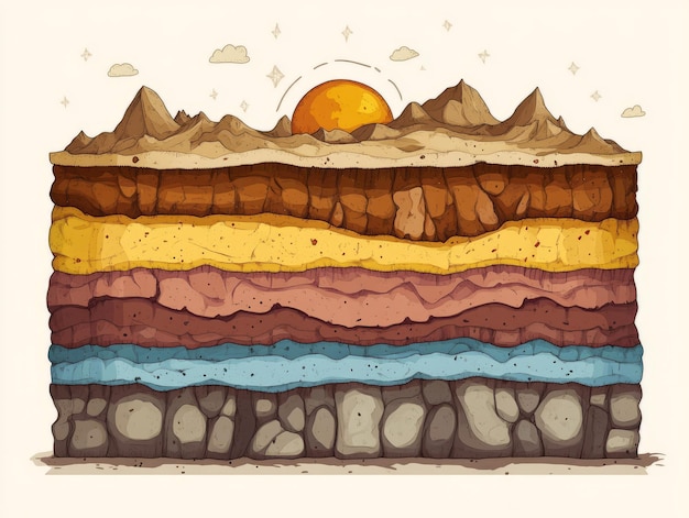 Photo crosssection of the earths layers including mountains soil rock and water