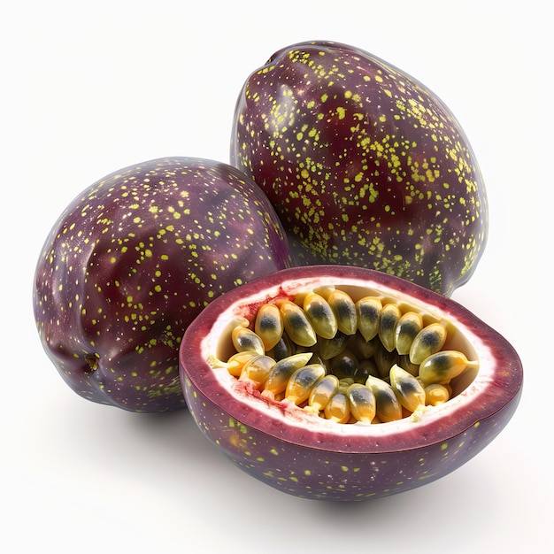 Crosssection of a passion fruit with a detailed and intricate view of the seeds and pulp