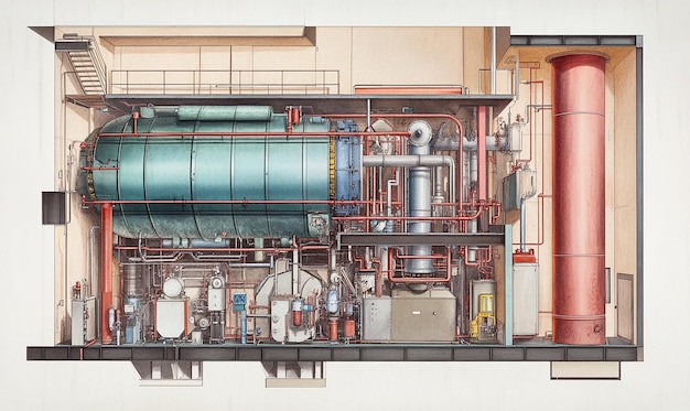 A crosssection view of a boiler room