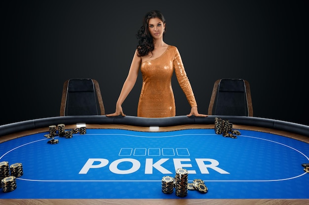 Croupier girl at the poker table poker room Poker game casino Texas hold'em online game card games Modern design magazine style