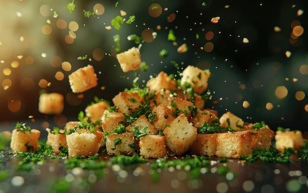 Photo croutons on the traditional background professional advertising food photo ai generated