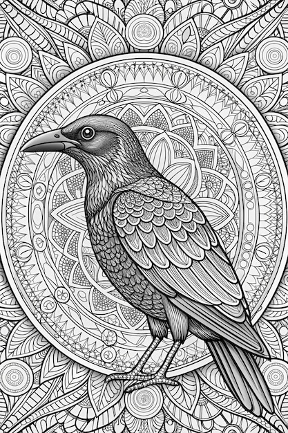 Photo crow animal mandala coloring page for adults clean line art with mandala background