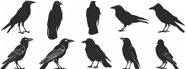 Photo crow collection with isolated black silhouettes