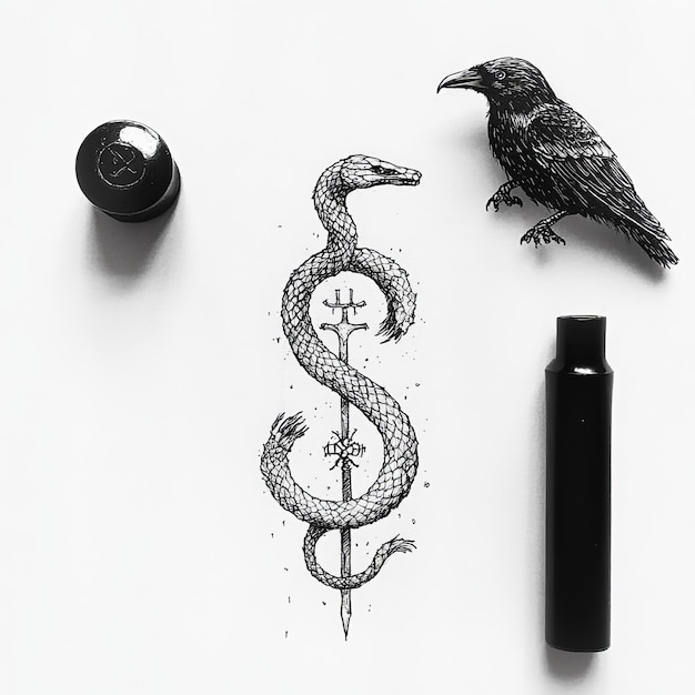 Photo crow and dollar sign drawn on a white paper black and white image