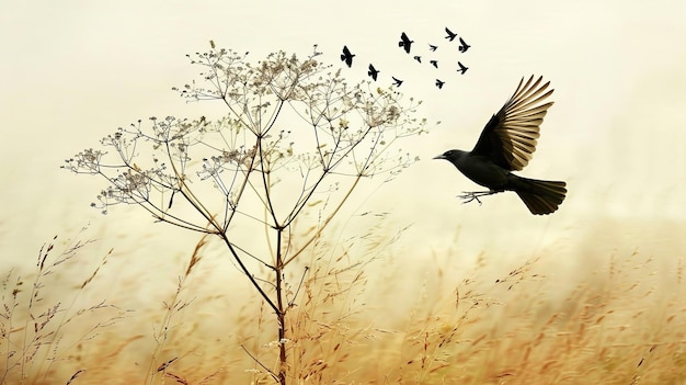 Crow flying over a dry grassland with birds in the background