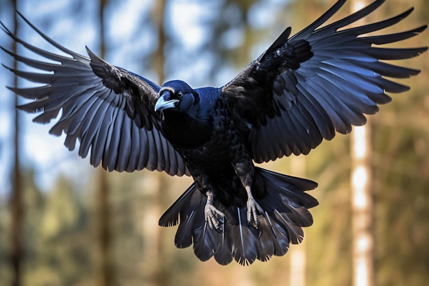 A crow is flying in the sky with its wings spread.