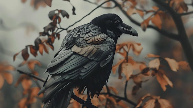 a crow is sitting on a branch with leaves