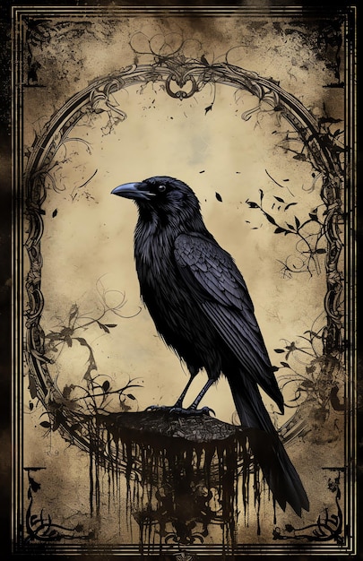 a crow is sitting on a tree branch with a frame that says  raven