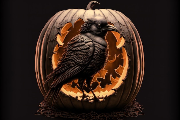 The crow in the pumpkin on halloween digital illustration artwork