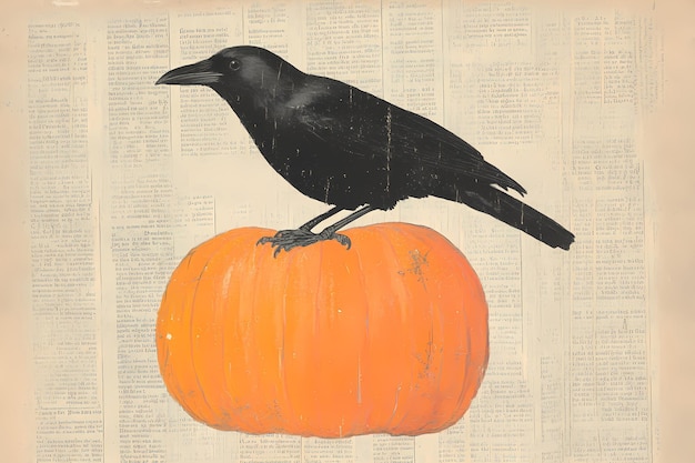 Crow or raven sitting on pumpkin drawing on old book page Vintage gothic Halloween concept