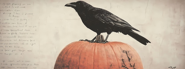 Crow or raven sitting on pumpkin drawing on old book page Vintage gothic Halloween concept