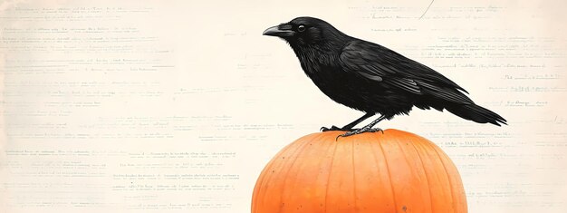 Crow or raven sitting on pumpkin drawing on old book page Vintage gothic Halloween concept