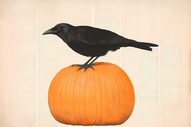 Crow or raven sitting on pumpkin drawing on old book page Vintage gothic Halloween concept